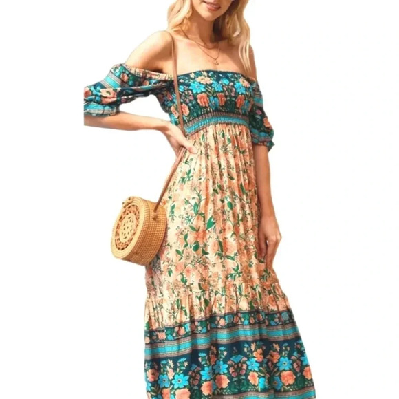 Square Neck Floral Short Puff Sleeve Boho Flowy Midi Dress - Picture 1 of 10